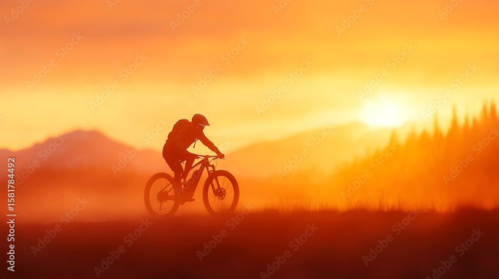 Obraz premium Mountain biker silhouetted against a vibrant orange sunset with dusty terrain