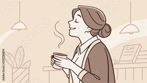 Woman enjoying coffee break at cafe illustration vector art drawing with steam and happy expression design
