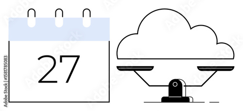 Calendar with date 27 and scale balancing items alluding to cloud storage evaluation. Ideal for scheduling, decision-making, deadlines, balance, organization, cloud technology, simple flat metaphor