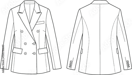 Flat fashion sketch of women’s double-breasted blazer with peak lapel, front and back view, button detail, pocket design vector