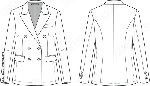 Flat fashion sketch of women’s tailored double breasted blazer with peak lapel, flap pockets, sleeve buttons, front and back view
