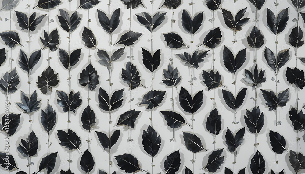 Obraz premium Artistic arrangement showcases gray leaves suspended on wires against a bright background, creating a nature inspired pattern.