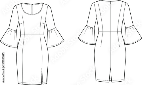 Bell sleeve pencil dress fashion technical sketch, bodycon style vector drawing, front and back view, fitted elegant dress design