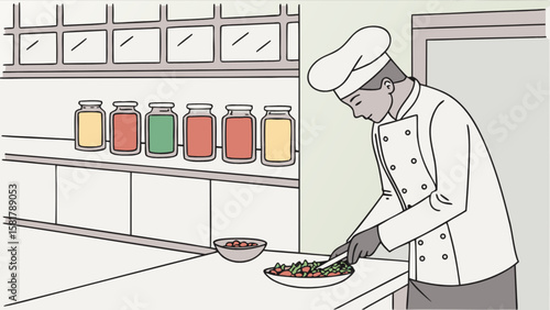 Chef preparing food in commercial kitchen restaurant culinary arts professional cookery skill set up design