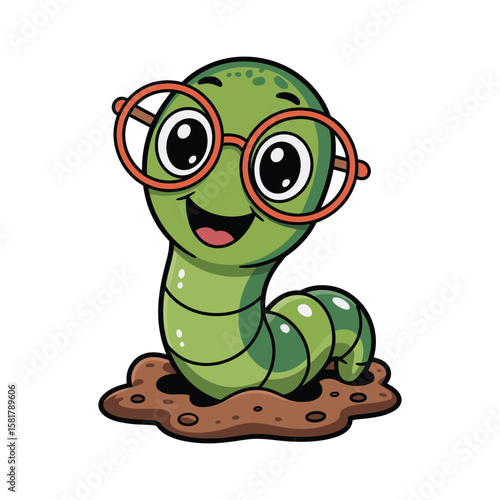 Cute green worm cartoon character with glasses, happy bookworm illustration for kids, adorable mascot, vector art isolated on white background,