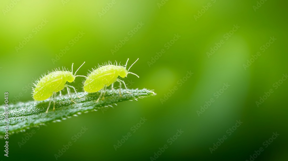 Fototapeta premium Two tiny green aphids with fuzzy bodies on a bright green leaf