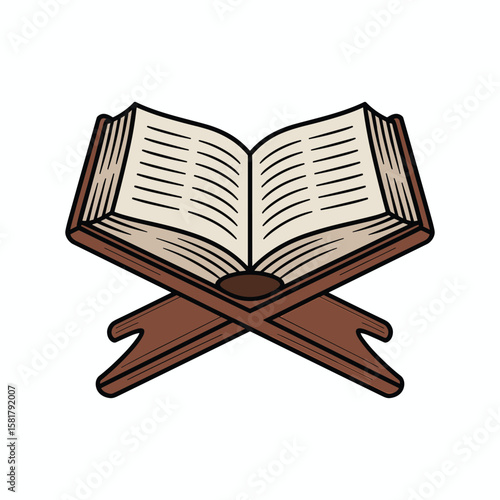 Open Holy Quran Book on Wooden Stand, Islamic Religious Vector Illustration for Ramadan, Prayer, Worship, Education, Muslim Culture, Spiritual, Religious Design,