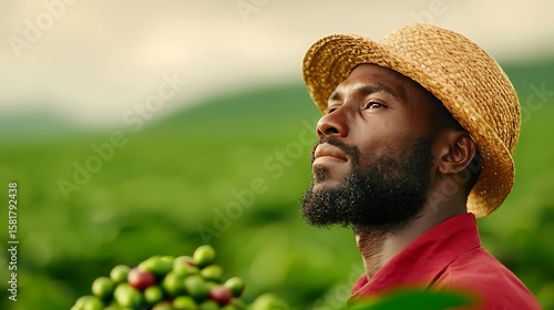 Farmer gazes upward over lush green fields holding fresh coffee cherries