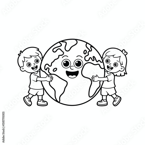 Happy children hugging smiling Earth cartoon, black and white illustration for coloring pages, Earth Day, environment, friendship, and global unity concepts.