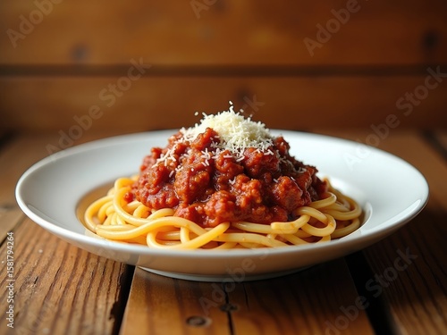 A rich and juicy spaghetti bolognese dish sits atop