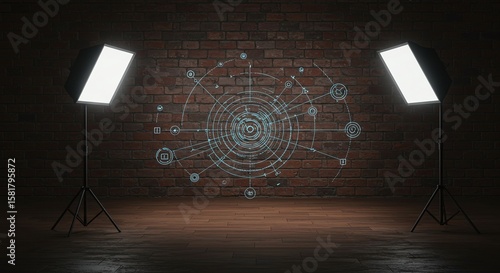 Digital Technology Concept in Studio with Lighting Equipment and Interactive Graphics