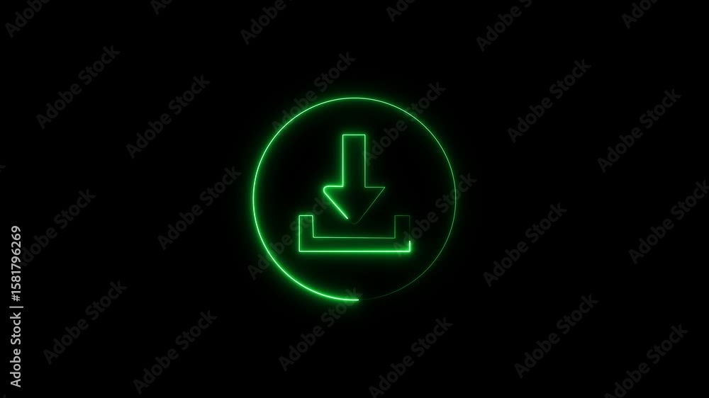 Glowing Green Neon Download Icon Animation on Dark Tech UI Background Glowing Green Neon Download Icon Animation on Dark Tech UI Background