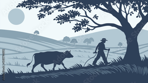 Serene pastoral scene: farmer walking with cow, tranquil blue tones, stylized silhouette illustration, peaceful countryside landscape, rolling hills, idyllic rural setting, evokes calm and serenity.