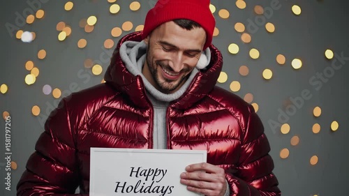 Smiling man in red puffer jacket holding Happy Holidays greeting card