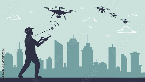 Silhouette of a construction worker operating multiple drones over a cityscape; futuristic urban technology, professional, efficient, and modern stock image.