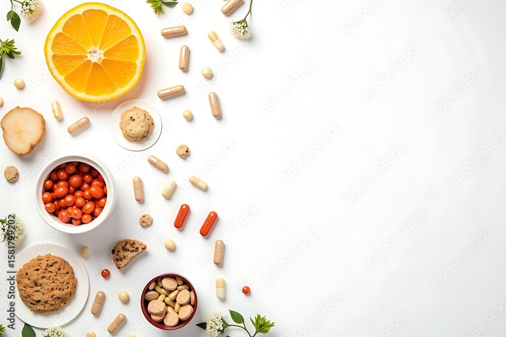 Healthy Lifestyle Flat Lay with Supplements, Natural Ingredients, and Copy Space Healthy Lifestyle Flat Lay with Supplements, Natural Ingredients, and Copy Space