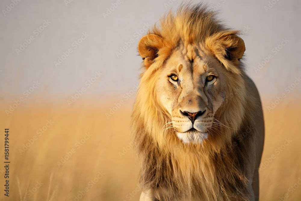 Majestic wild male lion portrait with a magnificent mane, basking in the sun, capturing the essence of this dangerous king of the jungle, a true feline predator Majestic wild male lion portrait with a magnificent mane, basking in the sun, capturing the essence of this dangerous king of the jungle, a true feline predator