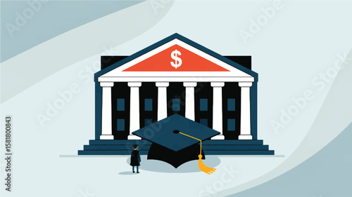 Graduation cap in front of financial institution symbolizes education funding, student loans, scholarship aid, and academic financial planning