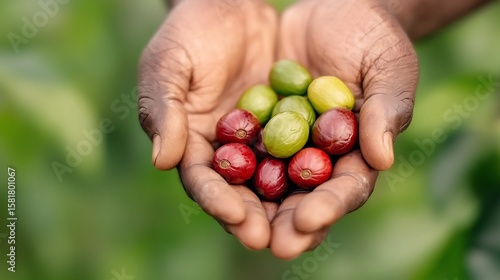 Farmer s hands gently holding freshly harvested red and green coffee cherries