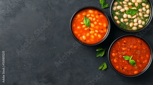 Three bowls of hearty bean soup served on a dark textured background