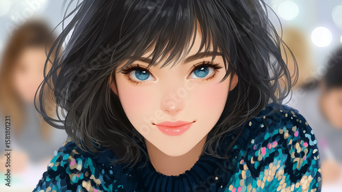 A young woman with striking blue eyes and dark hair
