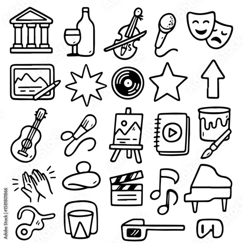 Hand-drawn Doodle Icons of Arts, Music, Entertainment, and Culture - Creative Hobbies and Performance Symbols
