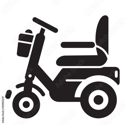 Black and white icon style illustration of an electric mobility scooter for senior citizens