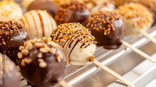Delicious chocolate covered fruit popsicles with nuts and drizzle