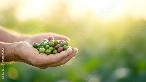 Farmer s hands holding freshly harvested green and red coffee cherries