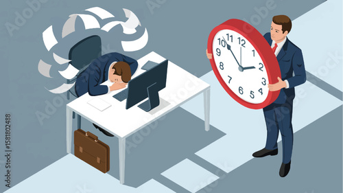 Businessman holding oversized clock while colleague sleeps at desk, illustrating workplace stress, time management, and productivity loss