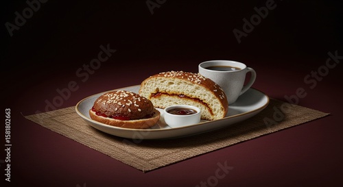 Breakfast Pastry Egg Coffee on Oval Plate with Mat and Dark Background