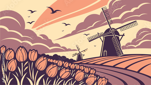 Serene Dutch landscape: Vintage style illustration featuring windmills, blooming tulips, and a picturesque sunset sky, evoking a nostalgic and peaceful mood.