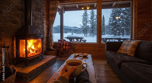Cozy Cabin Interior with Fireplace and Snowy Window View