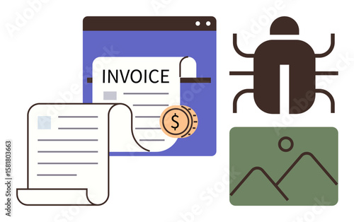 Digital invoice window with document and coins, bug icon for error detection, and image file thumbnail. Ideal for fintech, coding, errors, business, payments, operations simple flat metaphor