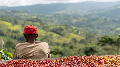 Farmer oversees freshly harvested coffee cherries with lush hills in background