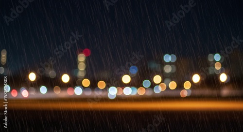 Rainy Night Cityscape with Blurred Lights and Falling Raindrops
