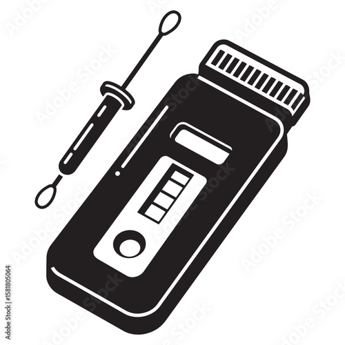 Black and white illustration of an antigen test with dropper for medical diagnostics