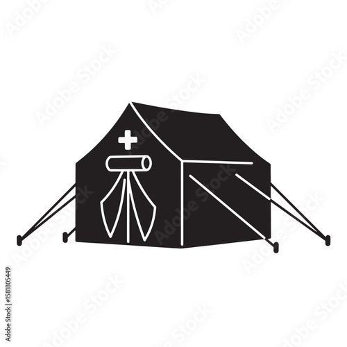 Black and white medical tent icon representing aid and support during emergencies