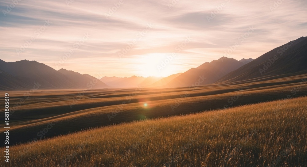 Golden hour bathes a serene landscape with rolling hills and distant mountains, creating a peaceful vista under a soft, pastel sky, perfect for travel and nature themes. Golden hour bathes a serene landscape with rolling hills and distant mountains, creating a peaceful vista under a soft, pastel sky, perfect for travel and nature themes.