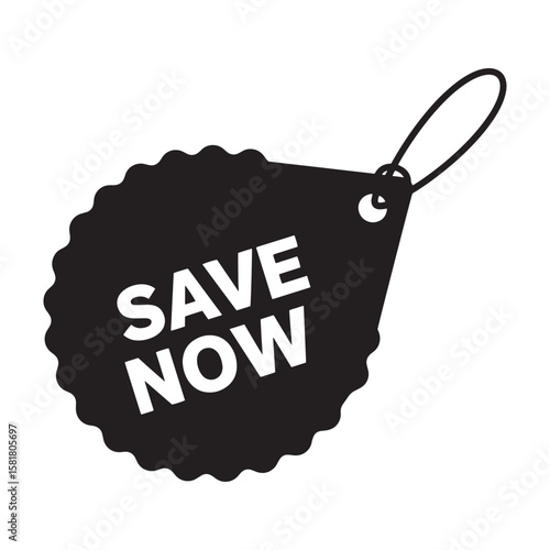 Black and white save now tag illustrating sales promotion and discount offers for customers