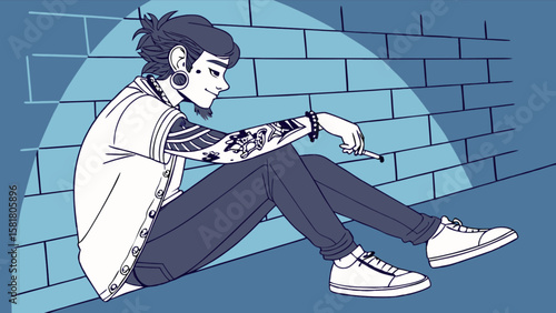 Illustration of a stylish tattooed man sitting against a brick wall in a relaxed pose art drawing