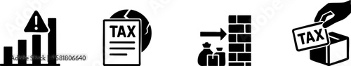 Trade war. Icons illustrating tax-related concepts: a warning on a bar chart, a tax document behind a globe, and a hand placing a tax ballot in a box.