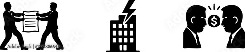 Trade war. Two silhouettes pull on a document, a building is struck by lightning, and two men face off with a dollar symbol between them.