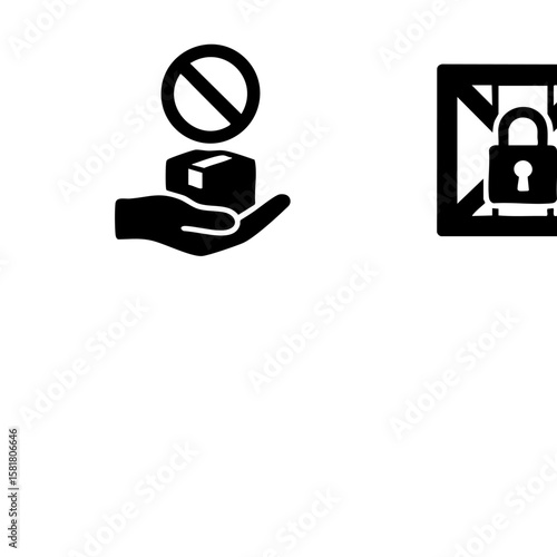 Trade war. Three black and white icons representing prohibited actions: no dart throwing, no hand delivery, and locked gate security.