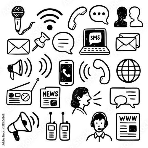 Comprehensive collection of hand-drawn communication and media icons, featuring symbols for digital technology, traditional broadcasting, and interpersonal connection.