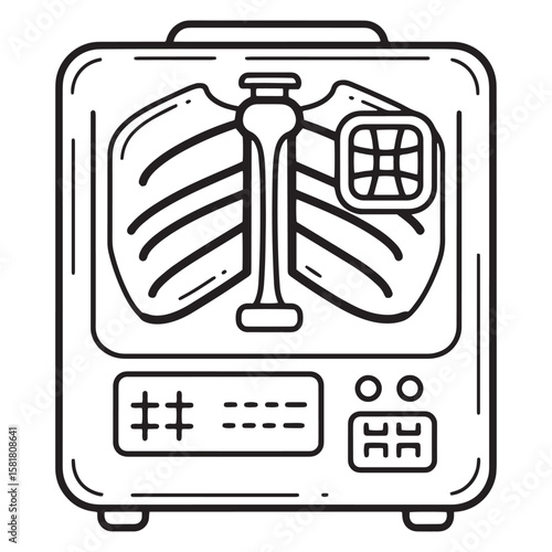 Digital line art illustration of a medical diagnostic machine with a radiograph displayed