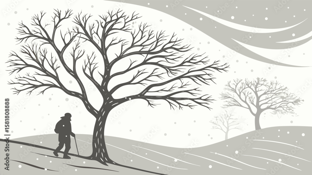 Silhouette of a lone hiker with backpack and walking stick traversing a snow-swept, minimalist winter landscape featuring barren trees under a stylized, swirling grey sky.