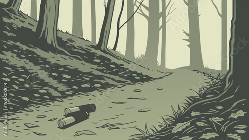 Explore the serene forest trail with trees and litter illustration for outdoor adventure and nature lovers