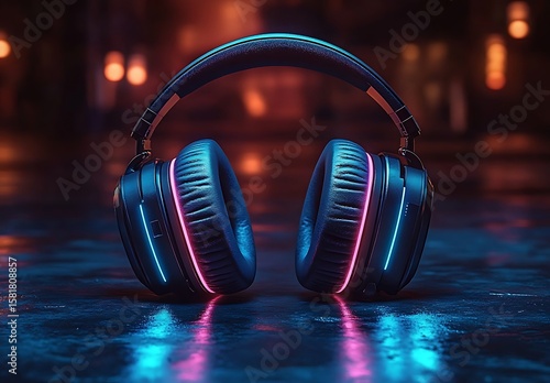 Futuristic headphones mockup with LED lights and city backdrop

