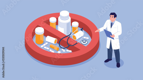 3D illustration of medical items crossed out with prohibition symbol, held by person in lab coat, representing medication restrictions or bans